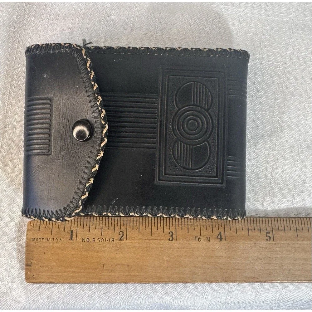 Vintage Western Genuine Cowhide Leather Tri-Fold Wallet Black Art Deco Design